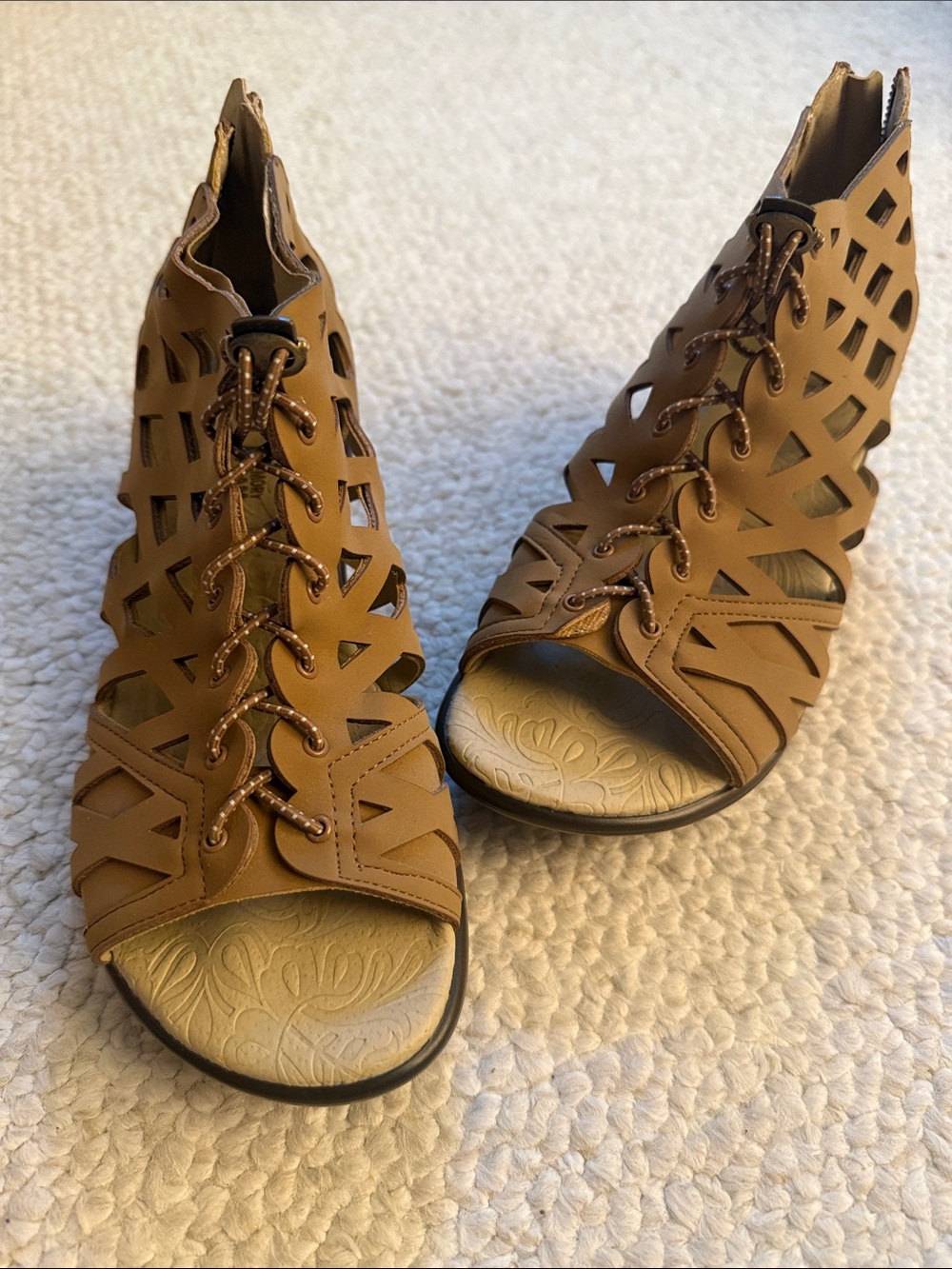 JBU Tan Laser-Cut Lace-Up Sandals, Size 7